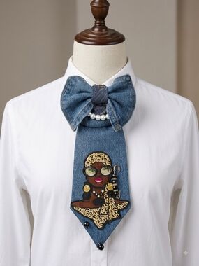 Denim Bow Tie Neck Accessory with Embroidered Patch - Blue
